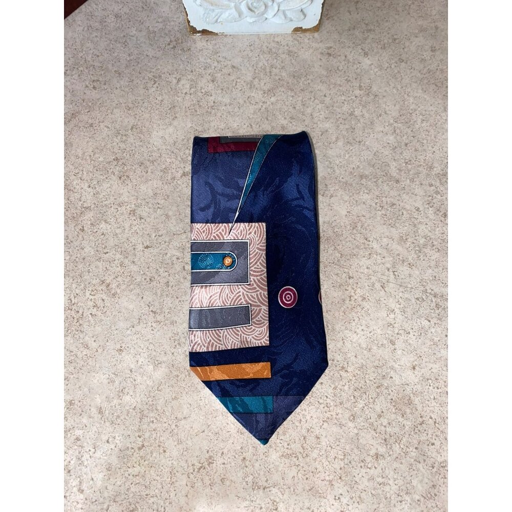 Vintage Silk Accents Blue Geometric Pattern Tie 100% Silk Mens Neckwear 59" Long